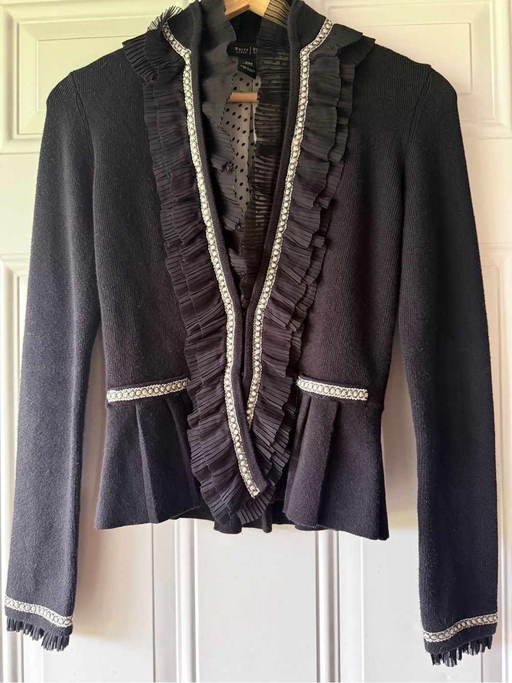 WHBM Black Ruffle Cardigan Sweater Blazer with White and Gold Trimmings